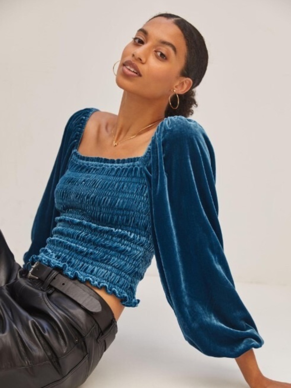 Anthropologie Puff Sleeve Velvet Blouse Aqua Blue Smocked Romantic Women Size S